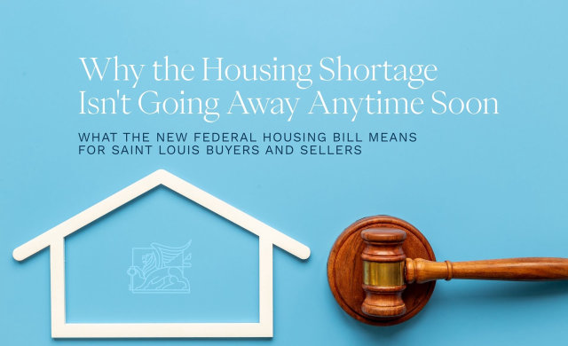 A house outline and gavel representing the 21st Century ROAD to Housing Act and the ongoing housing shortage in St. Louis