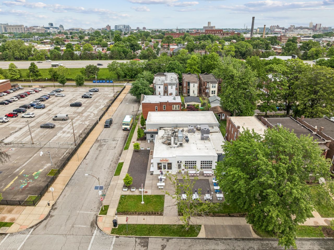 aerial view of corner historic commercial property at 4175 Shaw Blvd in St. Louis