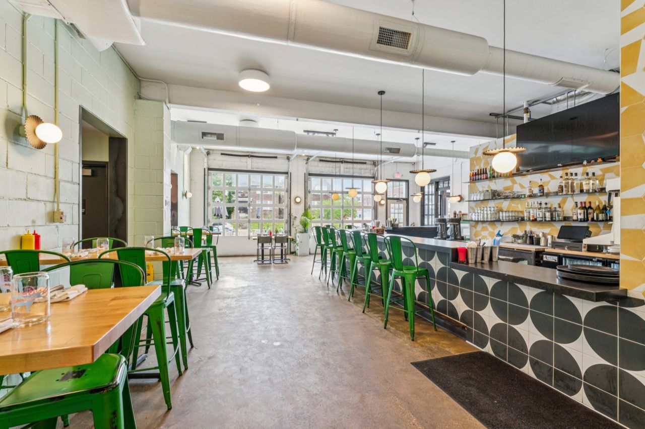 Bar seating at restaurant at historic commercial property at 4175 Shaw Blvd in St. Louis Missouri
