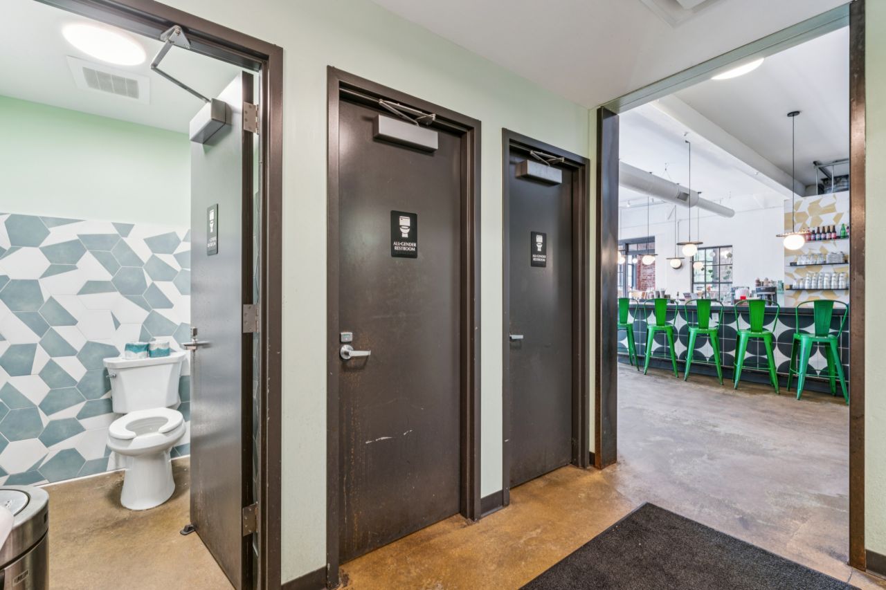 Restrooms at historic commercial property at 4175 Shaw Blvd in St. Louis Missouri