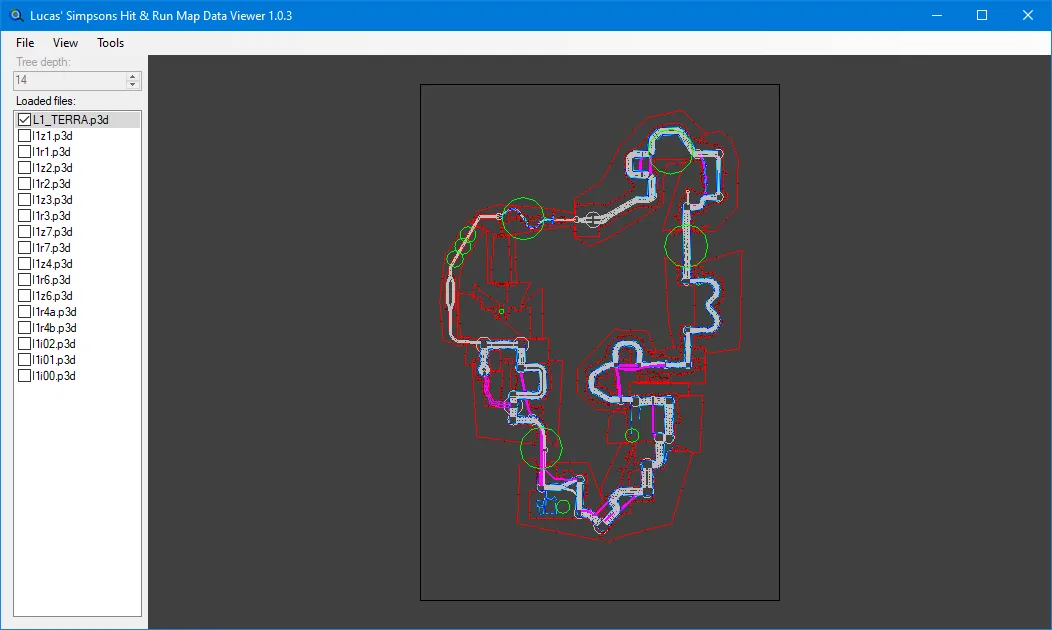 The main window viewing the world bounds, road network, fences and more found in Radical's L1_TERRA.p3d.