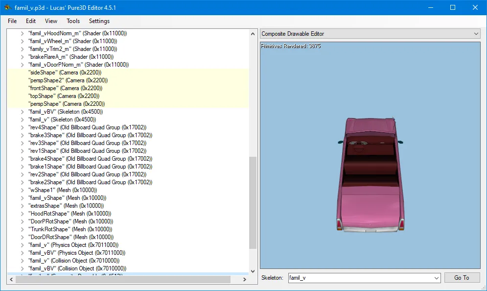 The main window with the Family Sedan's P3D file (art\cars\famil_v.p3d) open.