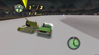 Loren racing Lucas on the giant toilet.