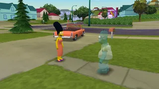 A spooky Marge talking to a ghostly Homer.