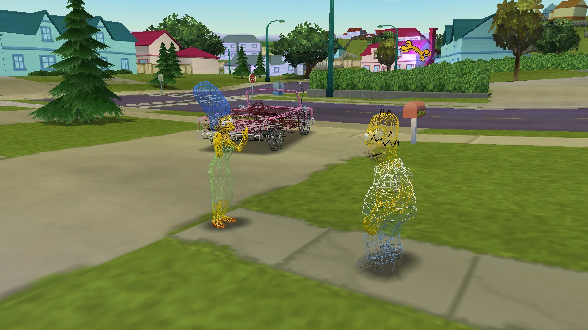 A wireframed Homer and Marge discussing the missing food.