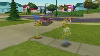 A wireframed Homer and Marge discussing the missing food.