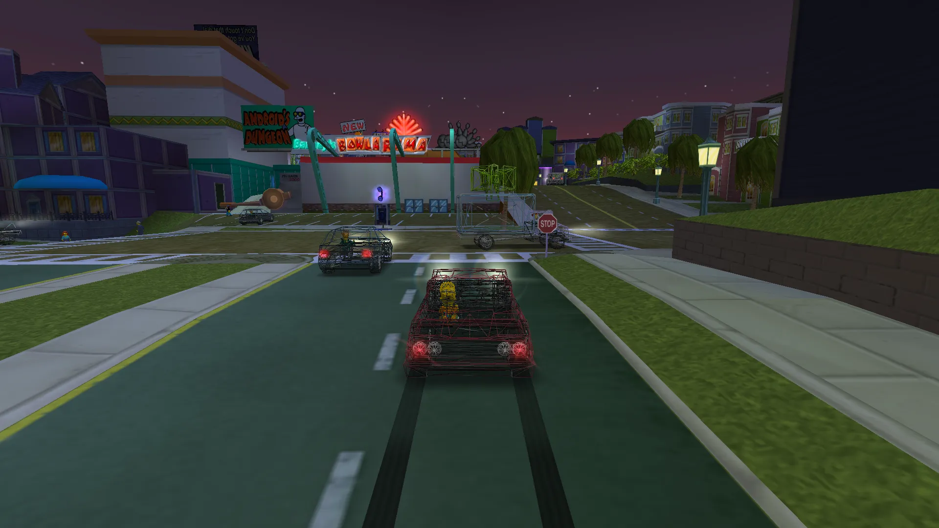 Bart stuck in hellish traffic, also the traffic is wireframe.