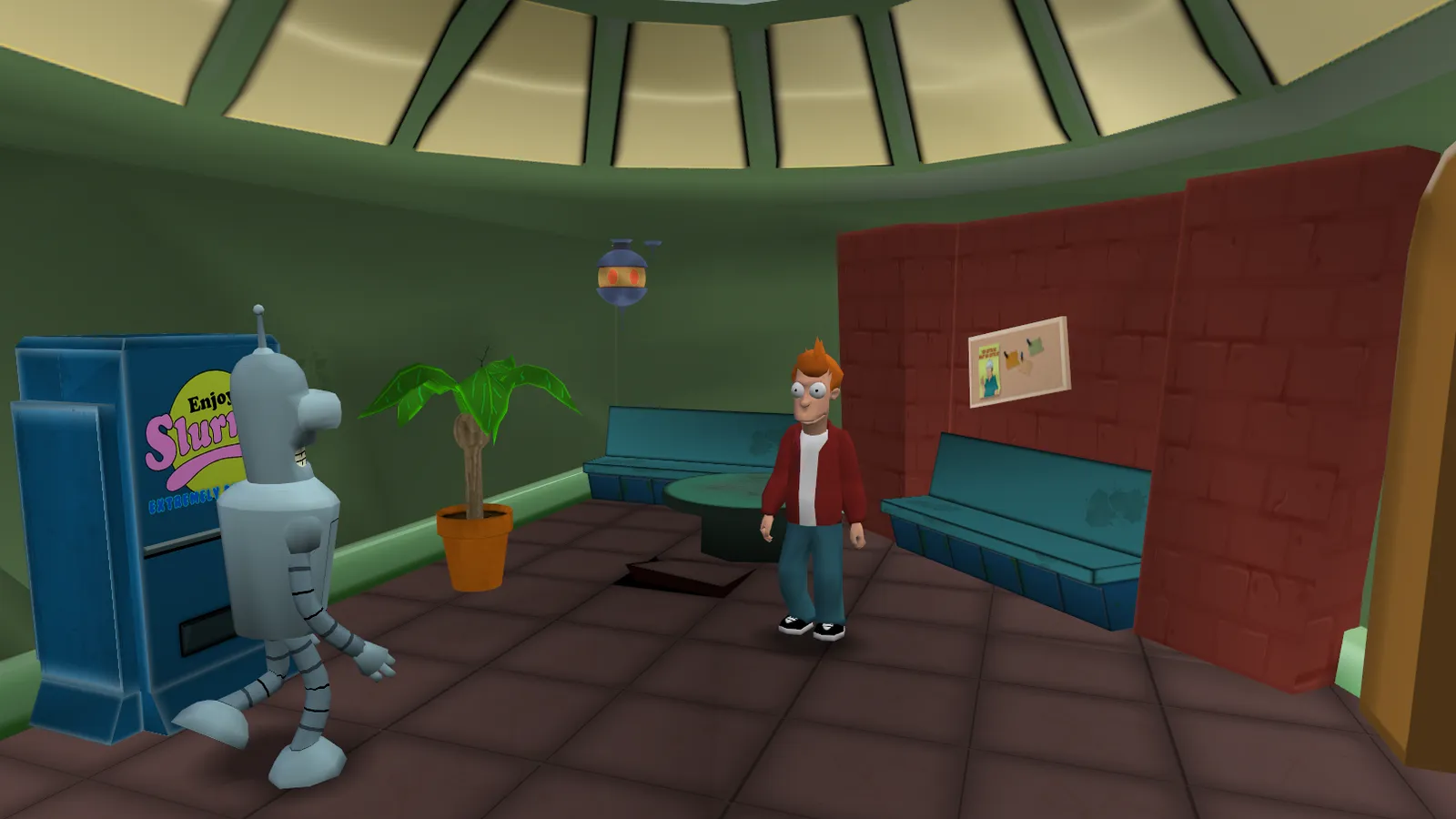 Fry standing inside the Planet Express building.