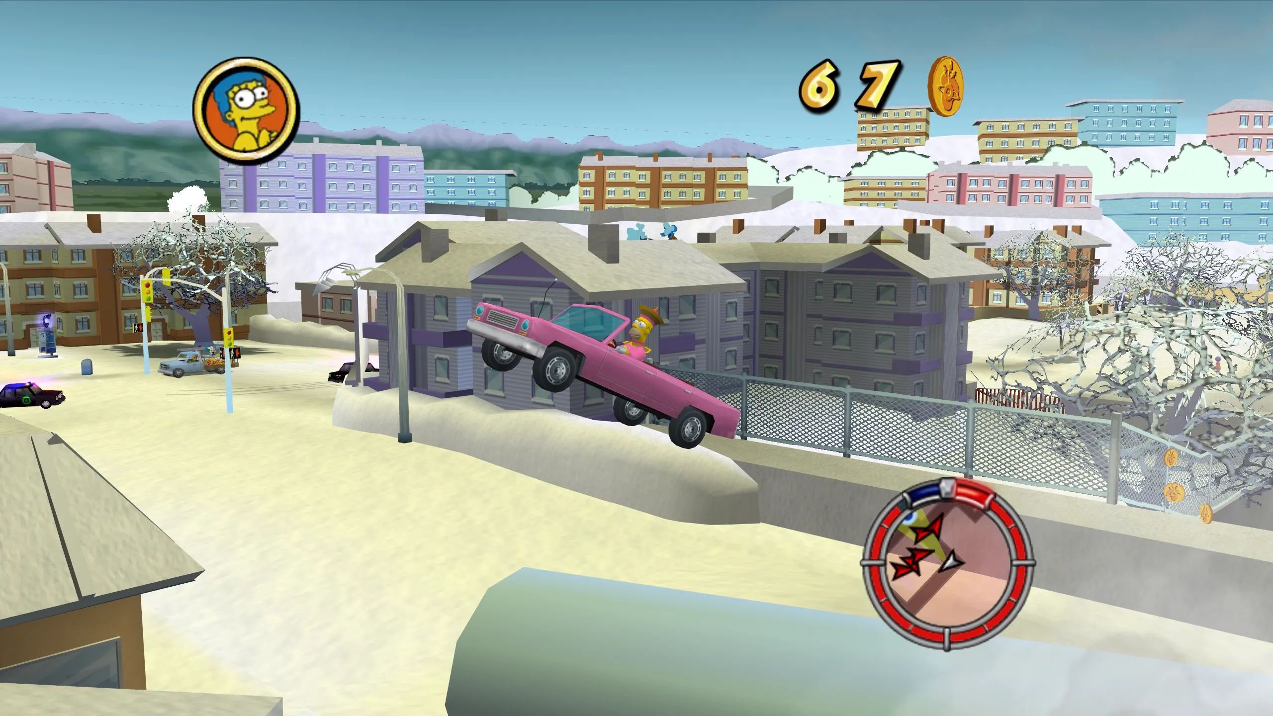 Homer driving the Family Sedan off a jump and over a car crash.