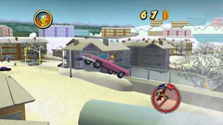 Homer driving the Family Sedan off a jump and over a car crash.