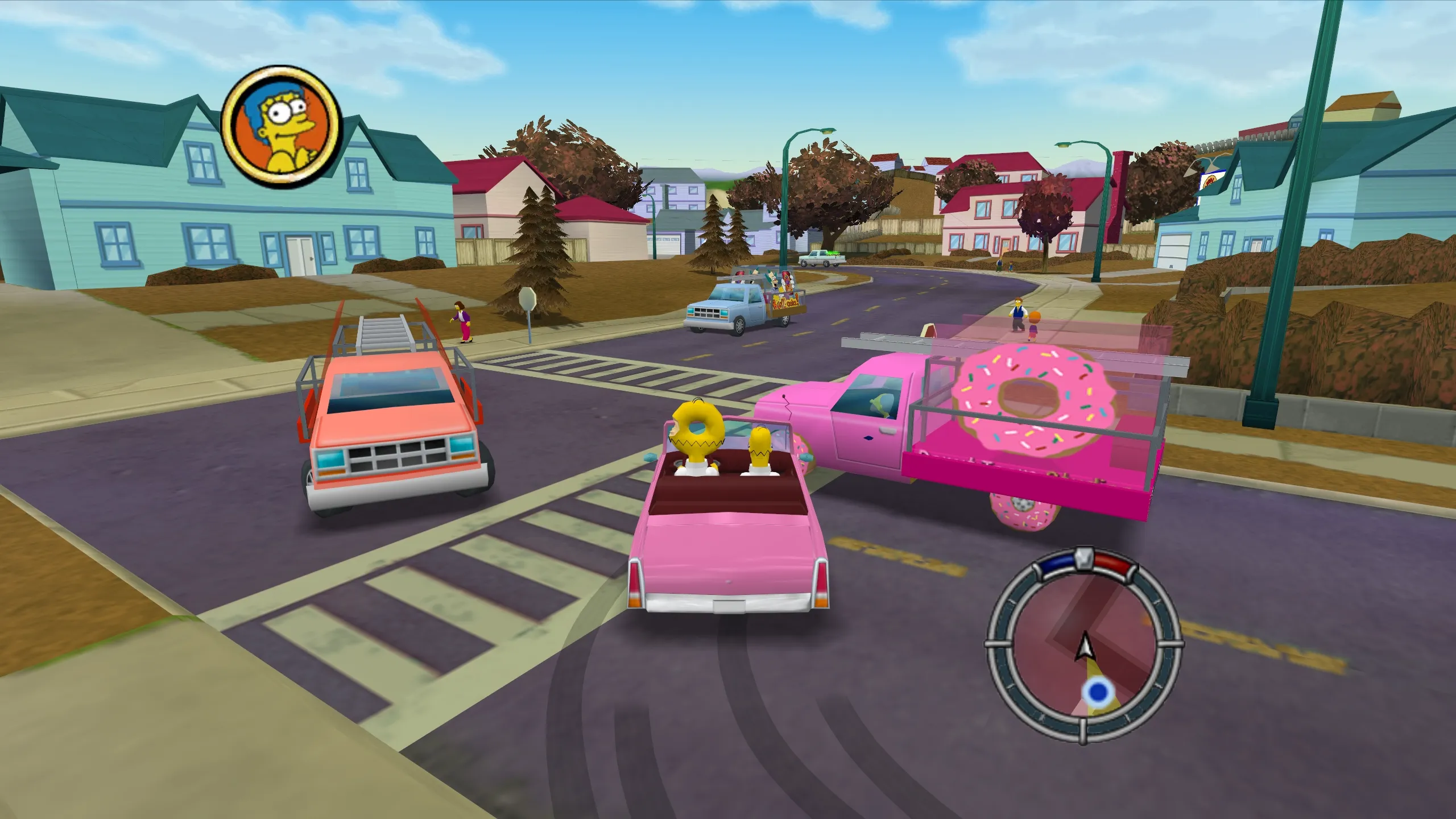 Normal Homer driving the Donut Sedan with Donut Homer, next to a Donut Team Studios glass truck.