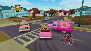 Normal Homer driving the Donut Sedan with Donut Homer, next to a Donut Team Studios glass truck.