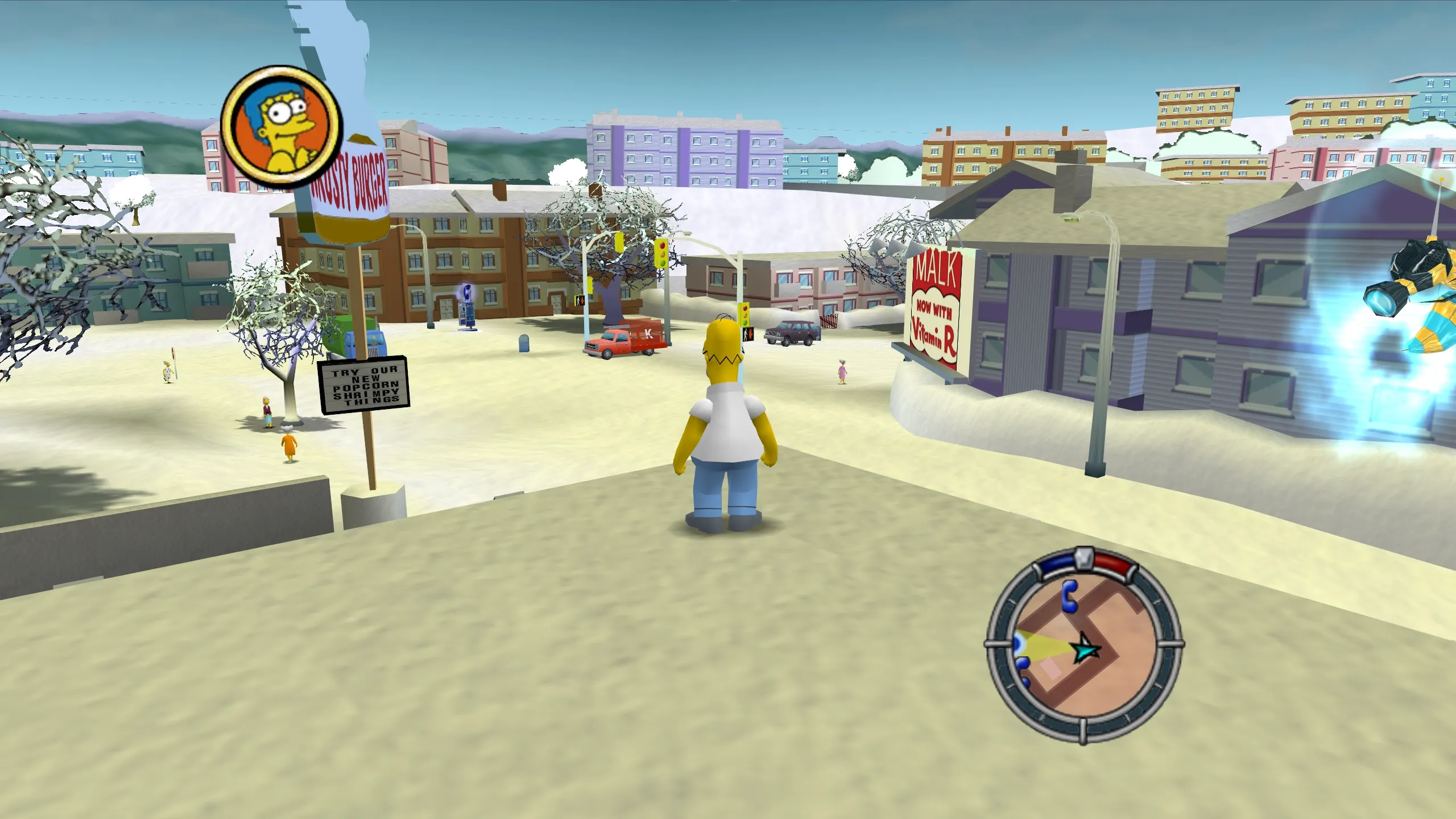 Homer standing in a winter version of Evergreen Terrace.