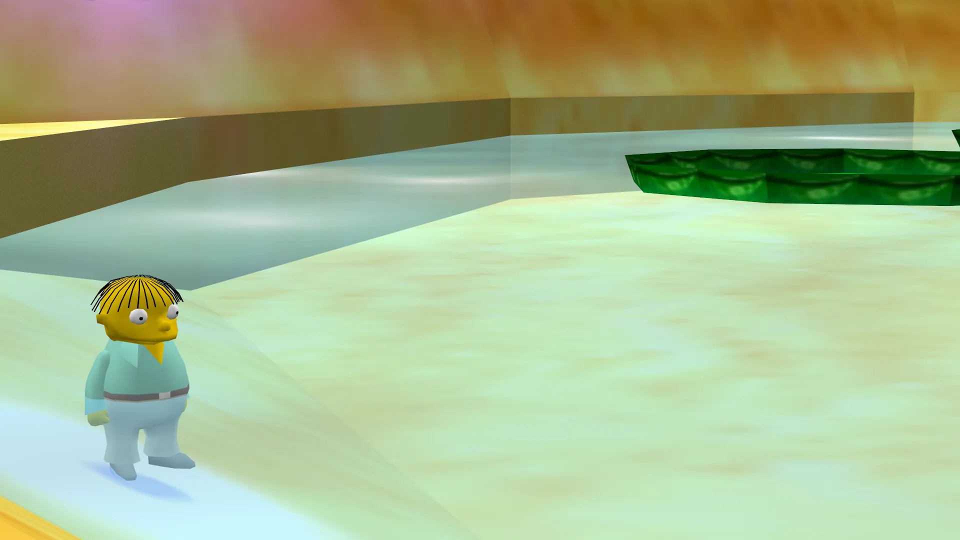 A picture of Ralph standing in a pool of water. A lilypad floats nearby.