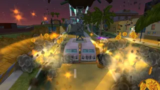 Lard Tooth plowing through and destroying several traffic cars near Krustylu Studios.