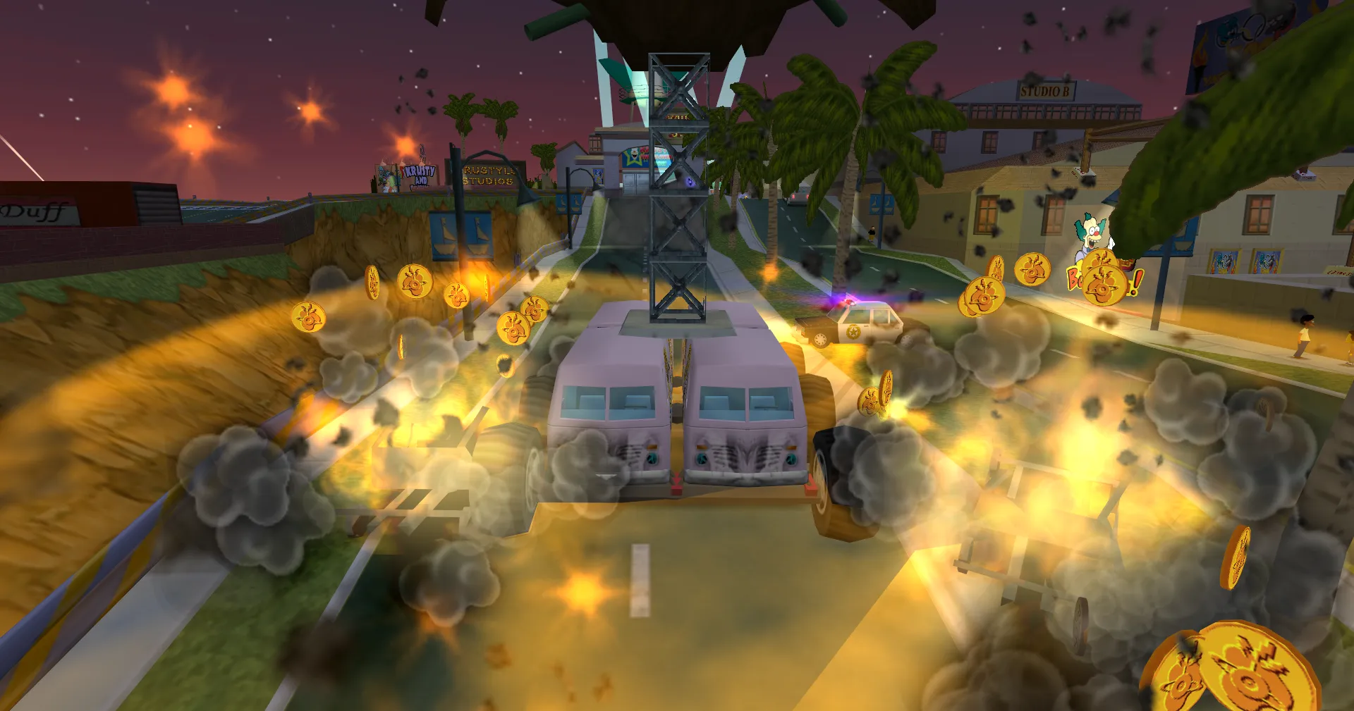 Lard Tooth plowing through and destroying several traffic cars near Krustylu Studios.