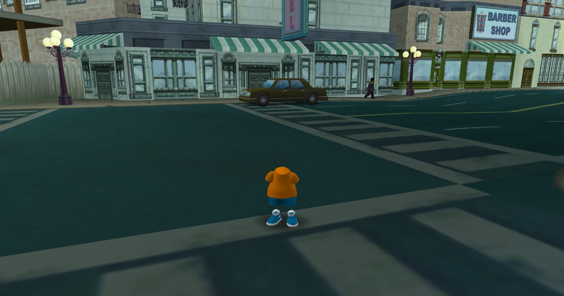 Invisible Bart standing in a crosswalk near Moe's Tavern.