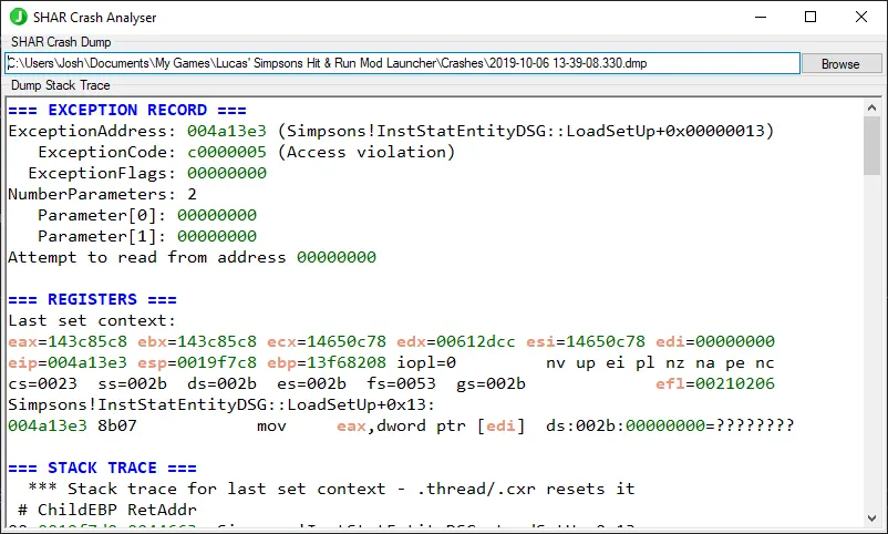 A screenshot of the tool after opening a crash dump