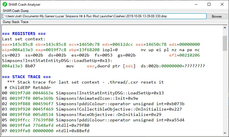 A scrolled down screenshot of the tool after opening a crash dump