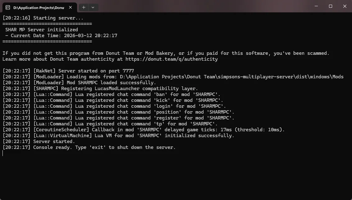 A screenshot of a terminal window displaying the SHAR MP server booting up.