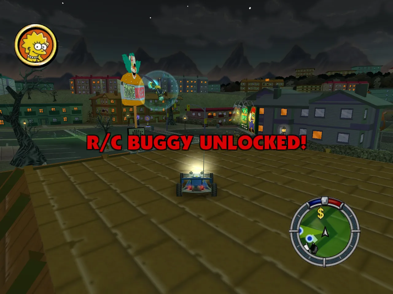 A screenshot showing "R/C BUGGY UNLOCKED!" on the screen after getting into it.