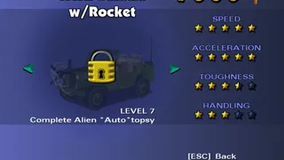 A screenshot showing the "Complete Alien "Auto"topsy" unlock hint on the WWII Vehicle with Rocket in the phonebooth.