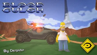 Homer standing in front of a Warthog with the sunset, the Halo ring and a Banshee in the sky behind them