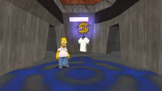Homer inside the blue base, with a costume changing booth in the center