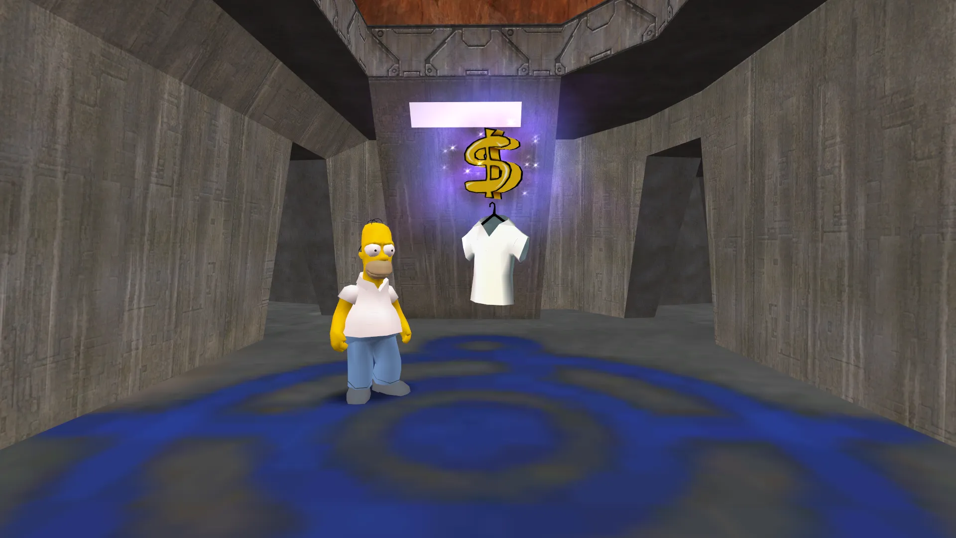 Homer inside the blue base, with a costume changing booth in the center
