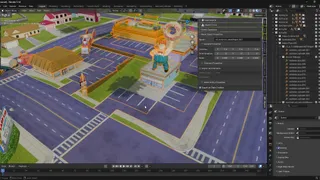 Close up of the Lard Lads near the Kwik-E-Mart with a Mesh Object selected and various locators and collision volumes visible.