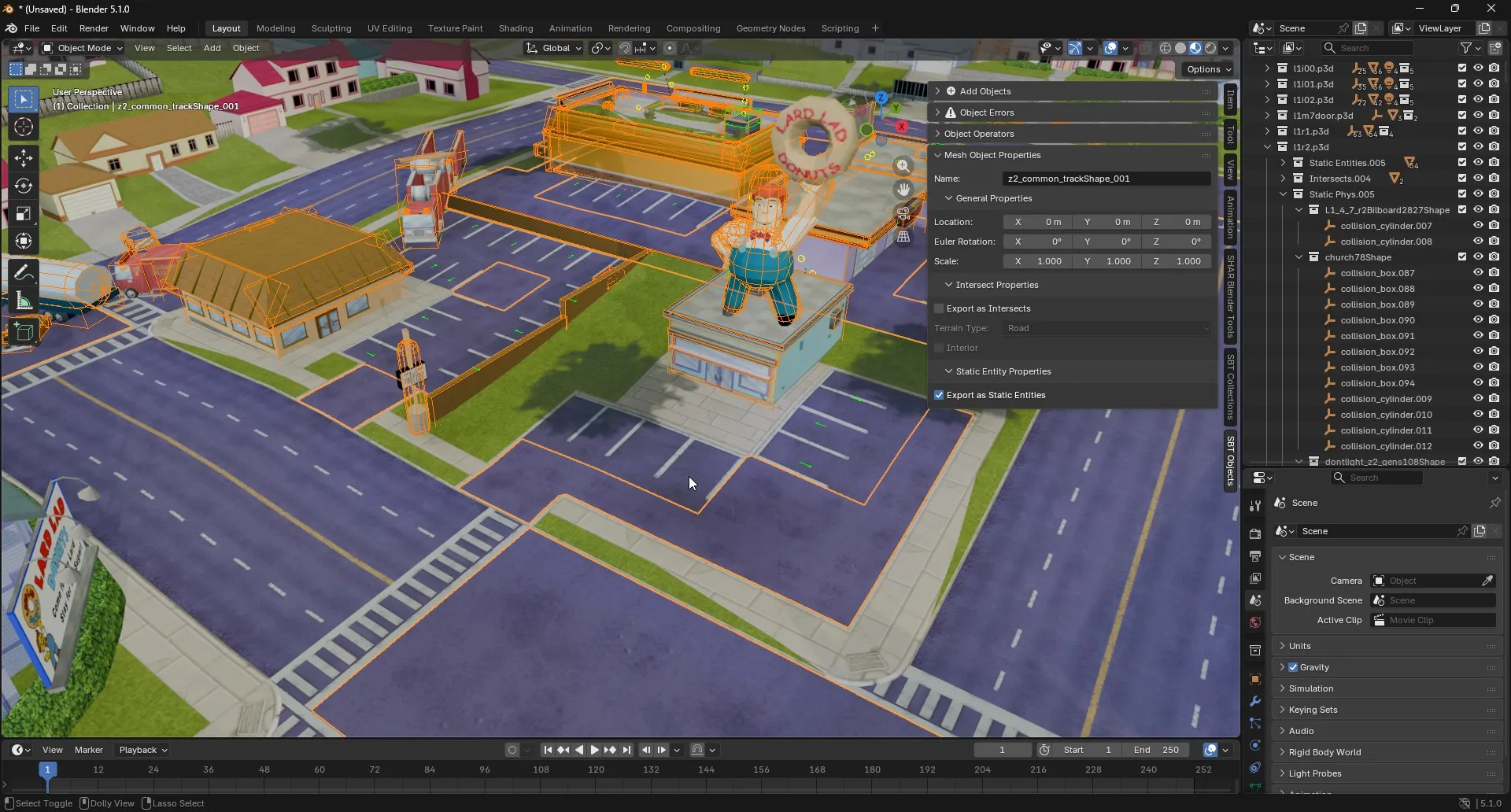 Close up of the Lard Lads near the Kwik-E-Mart with a Mesh Object selected and various locators and collision volumes visible.