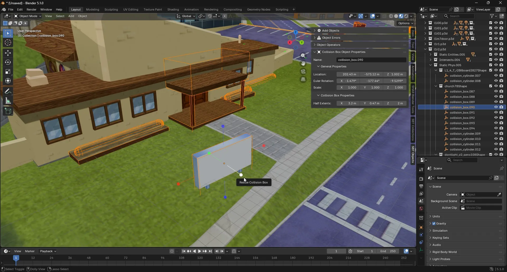 The collision box for the sign in front of the Springfield Church selected, showing its custom resize gizmos.