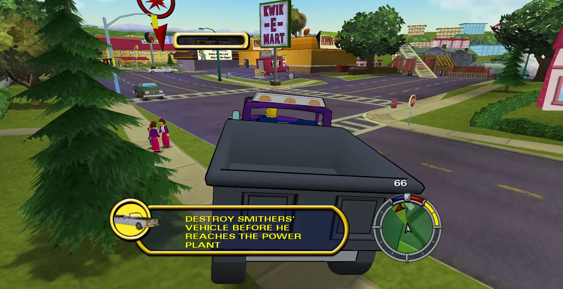 Homer in the Plow King about to attack Smither's in the Burns Limo