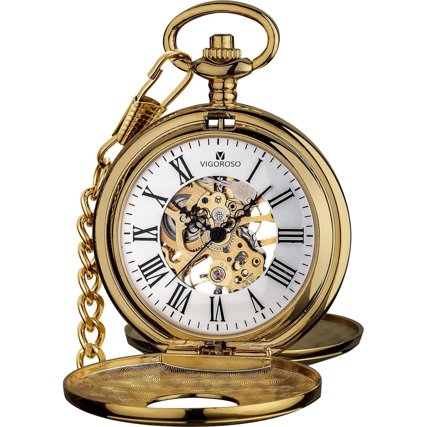 Reloj de bolsillo mecánico VIGOROSO dorado vintage con cadena