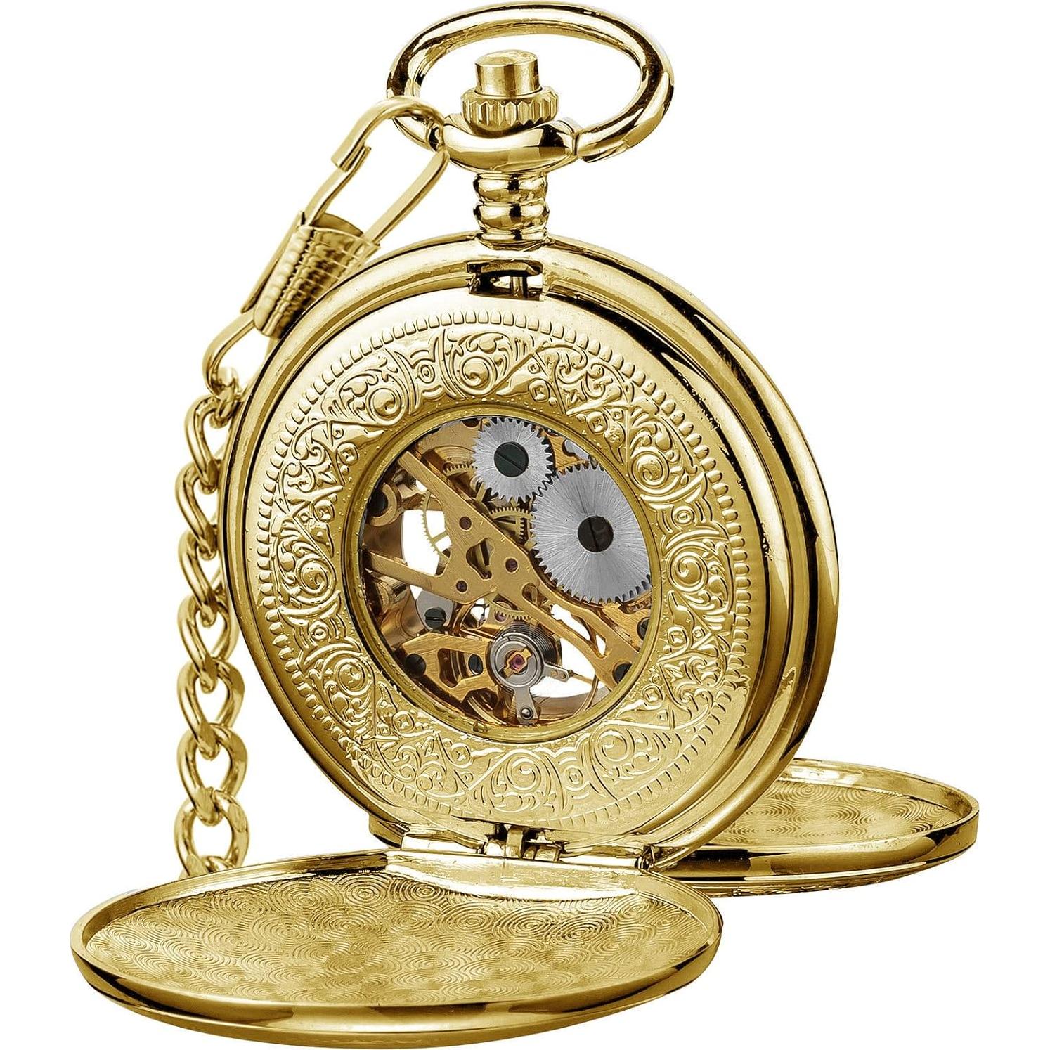 Reloj de bolsillo mecánico VIGOROSO dorado vintage con cadena