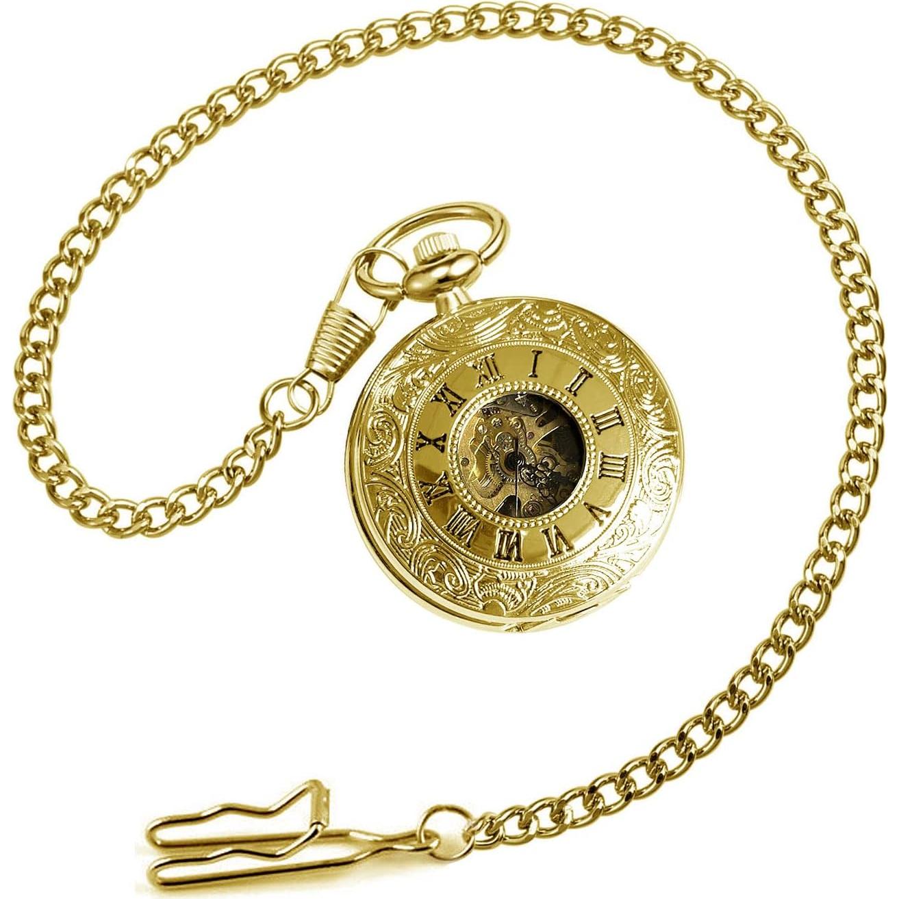 Reloj de bolsillo mecánico VIGOROSO dorado vintage con cadena