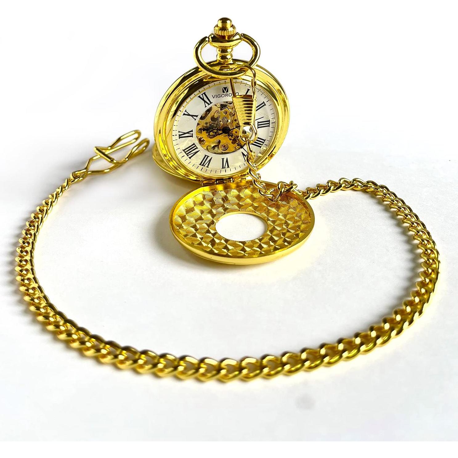 Reloj de bolsillo mecánico VIGOROSO dorado vintage con cadena