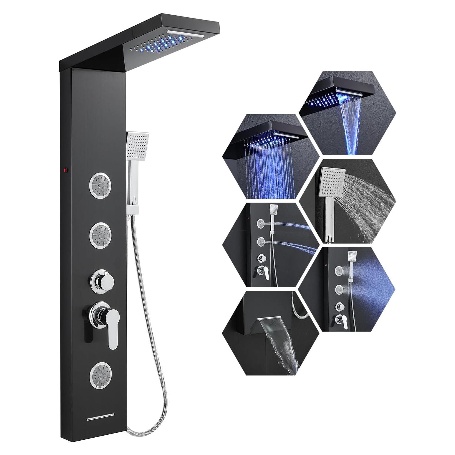 Torre de Ducha LED KINKIB 5-en-1 Acero Inoxidable Negro