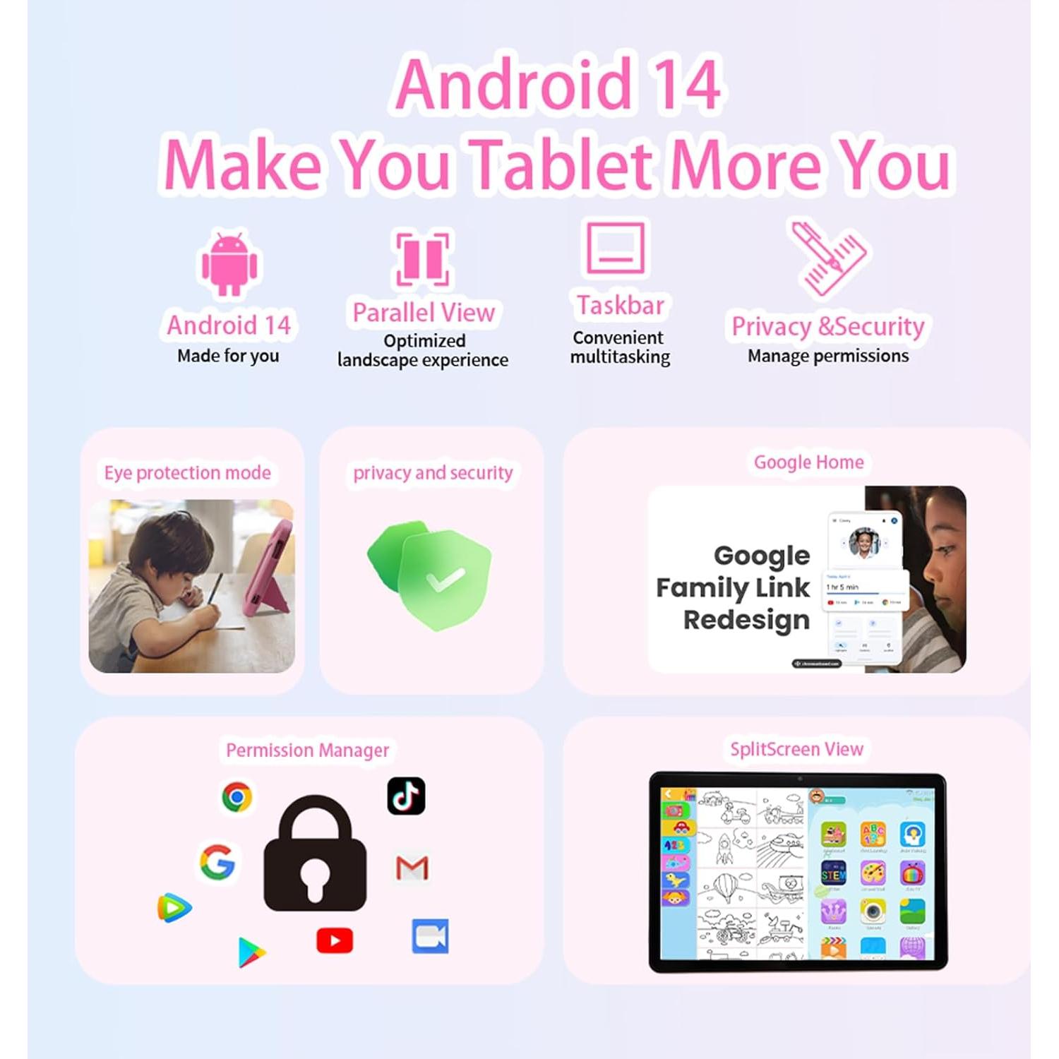 Tableta para Niños CWOWDEFU 10.1" Android 14 Rosa 8GB+128GB