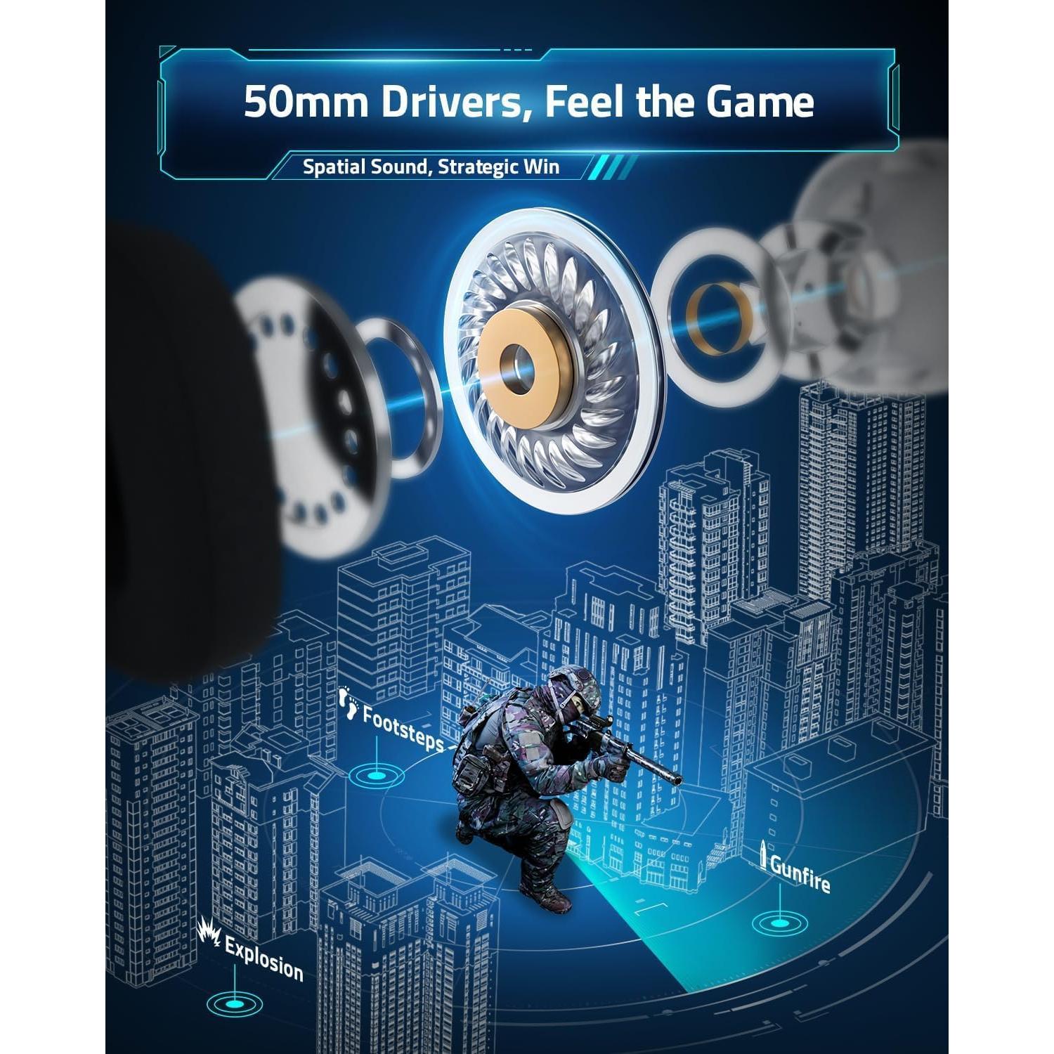 Auriculares Gaming Inalámbricos HW20 - 50mm, 50H, Bluetooth 5.4, RGB