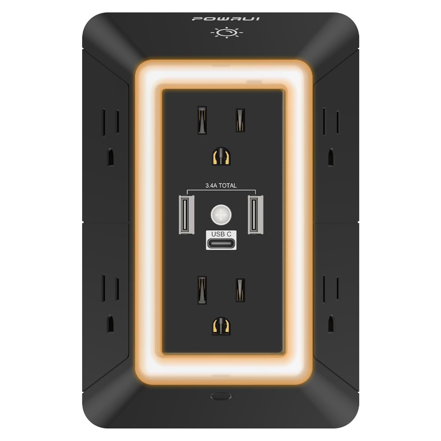 Regleta de Extensión POWRUI 6 Salidas con 3 USB y Luz Nocturna