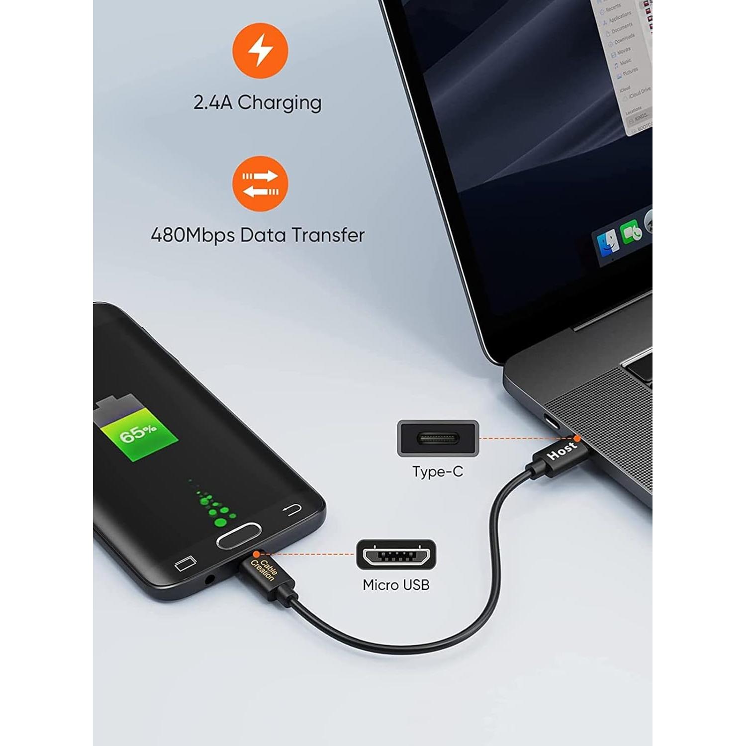 CableCreation Short Micro USB to USB C Cable 0.65 FT, 2-Pack OTG 480Mbps Type C to MicroUSB Cord Compatible with MacBook Pro Air Galaxy S22 Pixel 5 & More, 0.2M Black