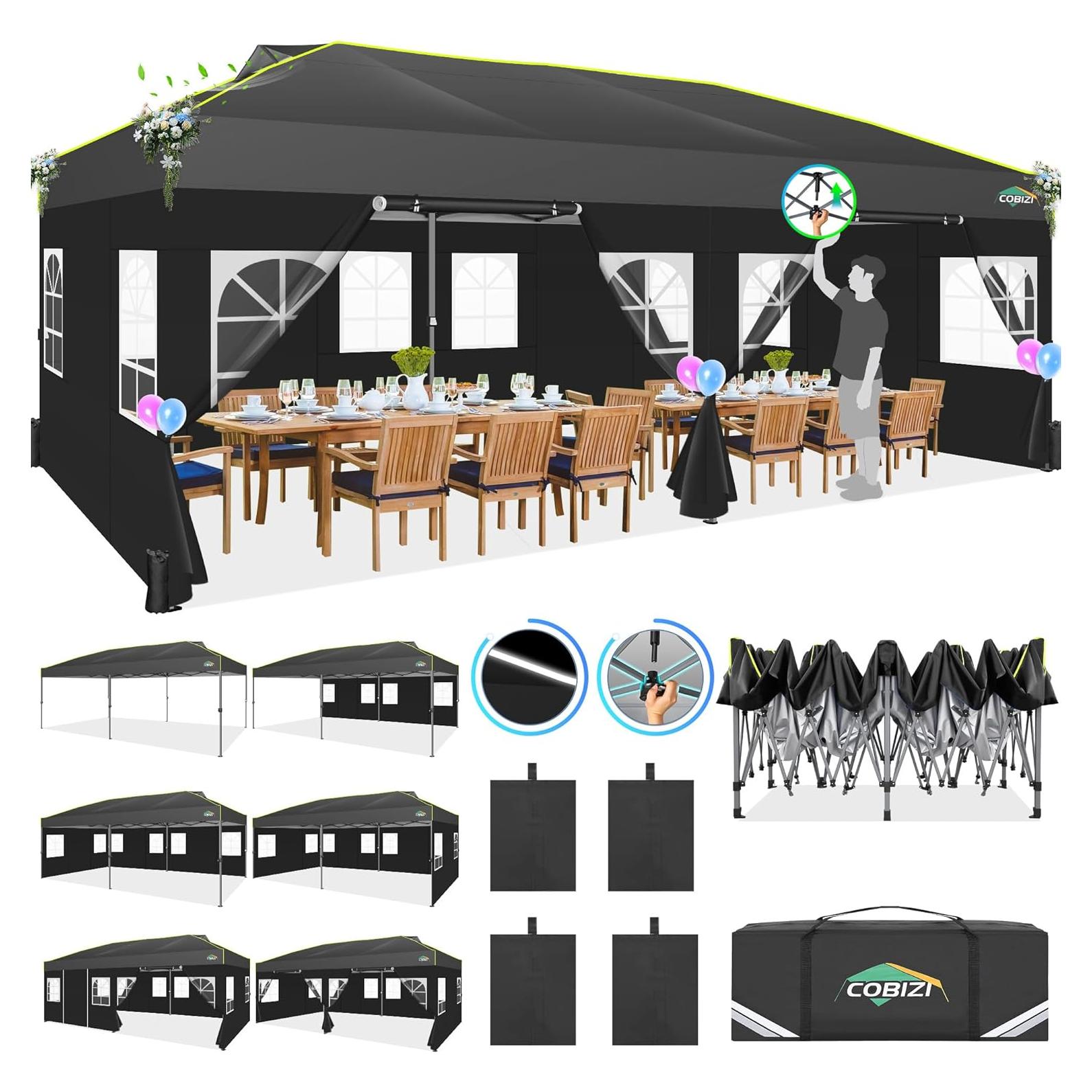 COBIZI 10x20 Pop Up Canopy with 6 Sidewalls One Push Setup Outdoor Event Shelter Waterproof UPF 50+ Gazebo Tent with Carry Bag,Air Vent,Sandbag for Wedding, Commercial, Party,Black