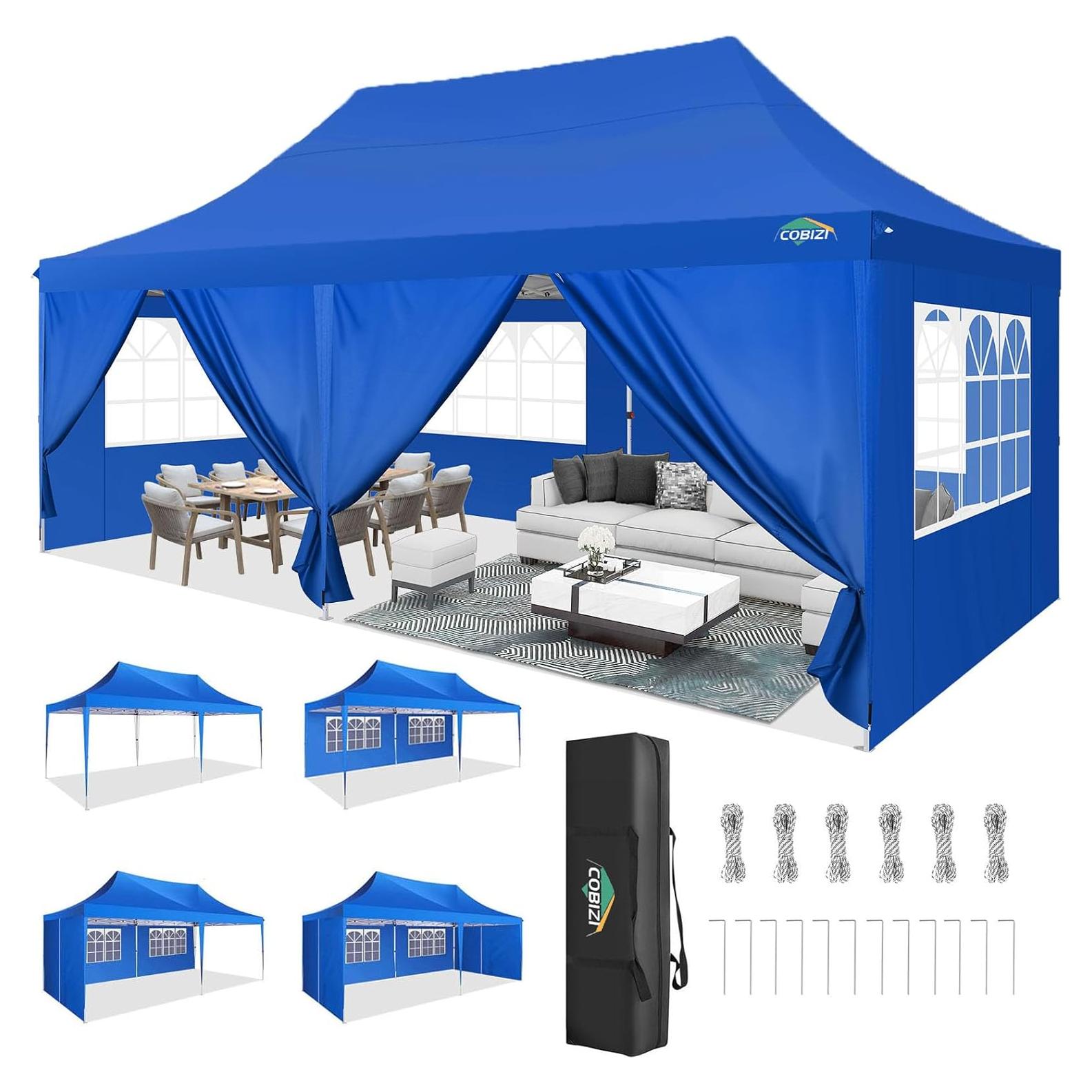 COBIZI 10x20 Pop Up Canopy with 6 Sidewall, Commercial Outdoor Wedding Canopy Gazebo UPF 50+, Waterproof Party Tents for Parties with Upgrade Frame, 3 Height Adjustable, Carry Bag, Blue