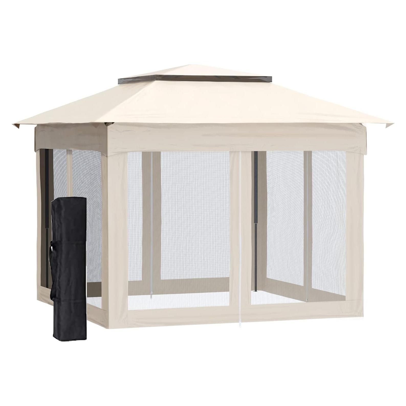 11' x 11' Pop Up Canopy, Outdoor Patio Gazebo Shelter with Removable Zipper Netting, Instant Event Tent with 121 sq.ft Shade and Carry Bag for Backyard, Garden, Base 10x10, Beige ZE675