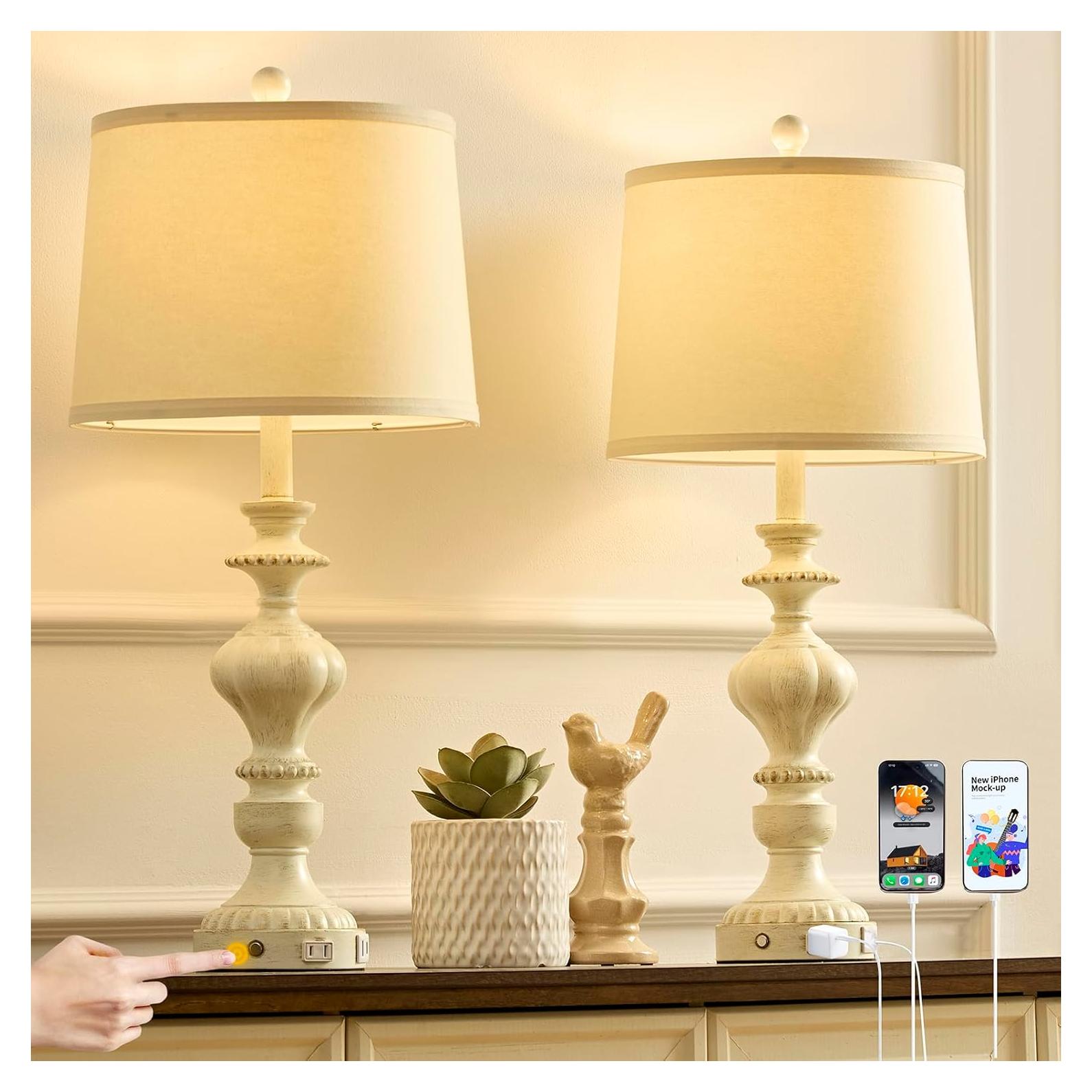 Juego de 2 Lámparas de Mesa Táctiles Regulables USB Blanco Dorado
