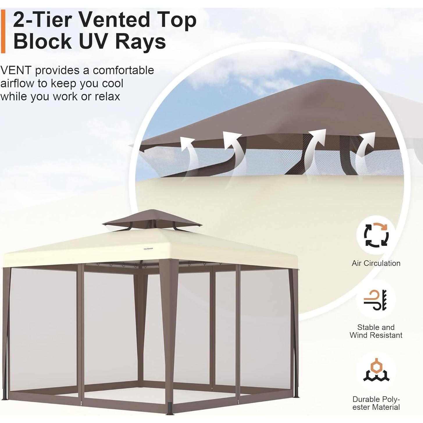 Gazebo de Patio GOJOOASIS 10x10 con Red Antimosquitos