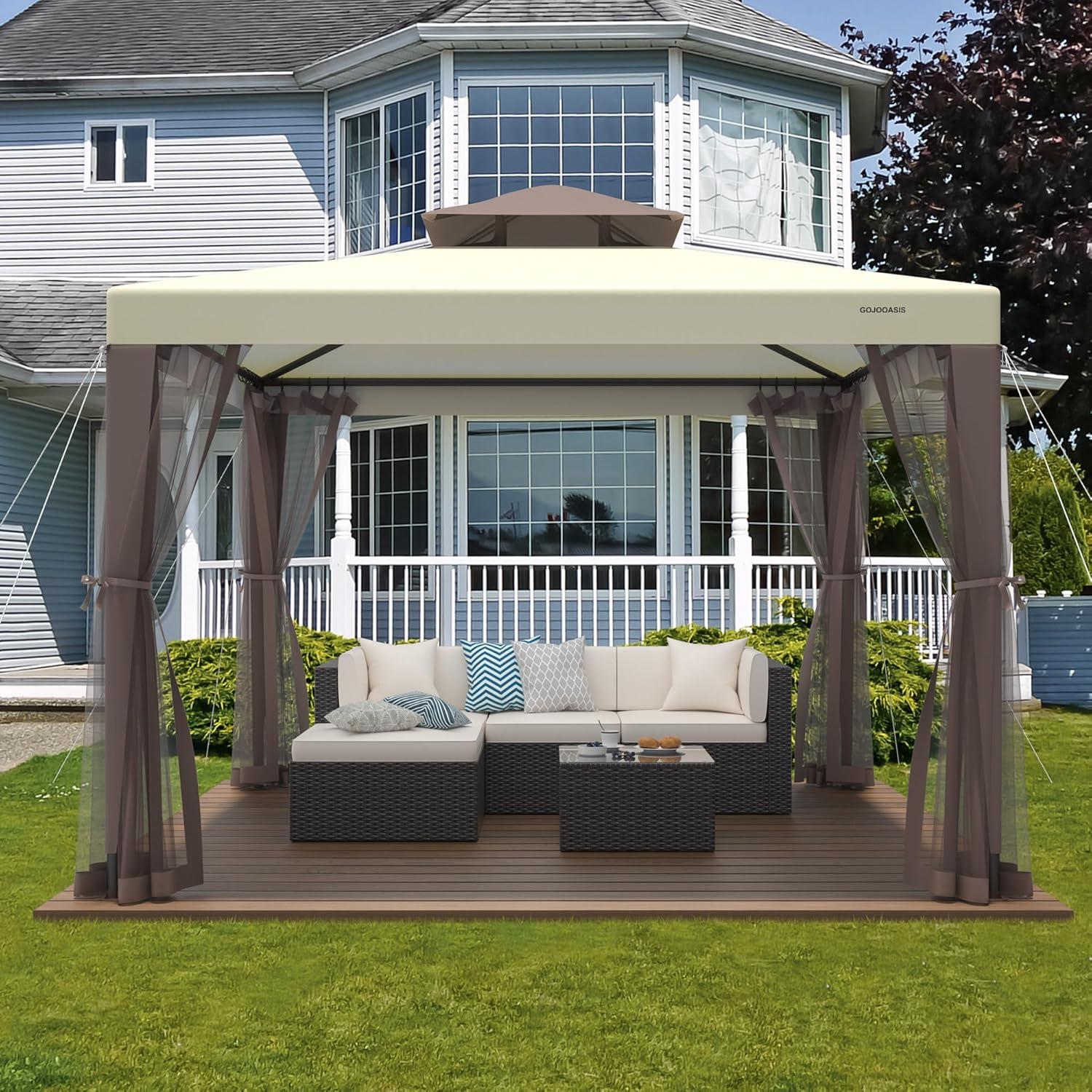 Gazebo de Patio GOJOOASIS 10x10 con Red Antimosquitos