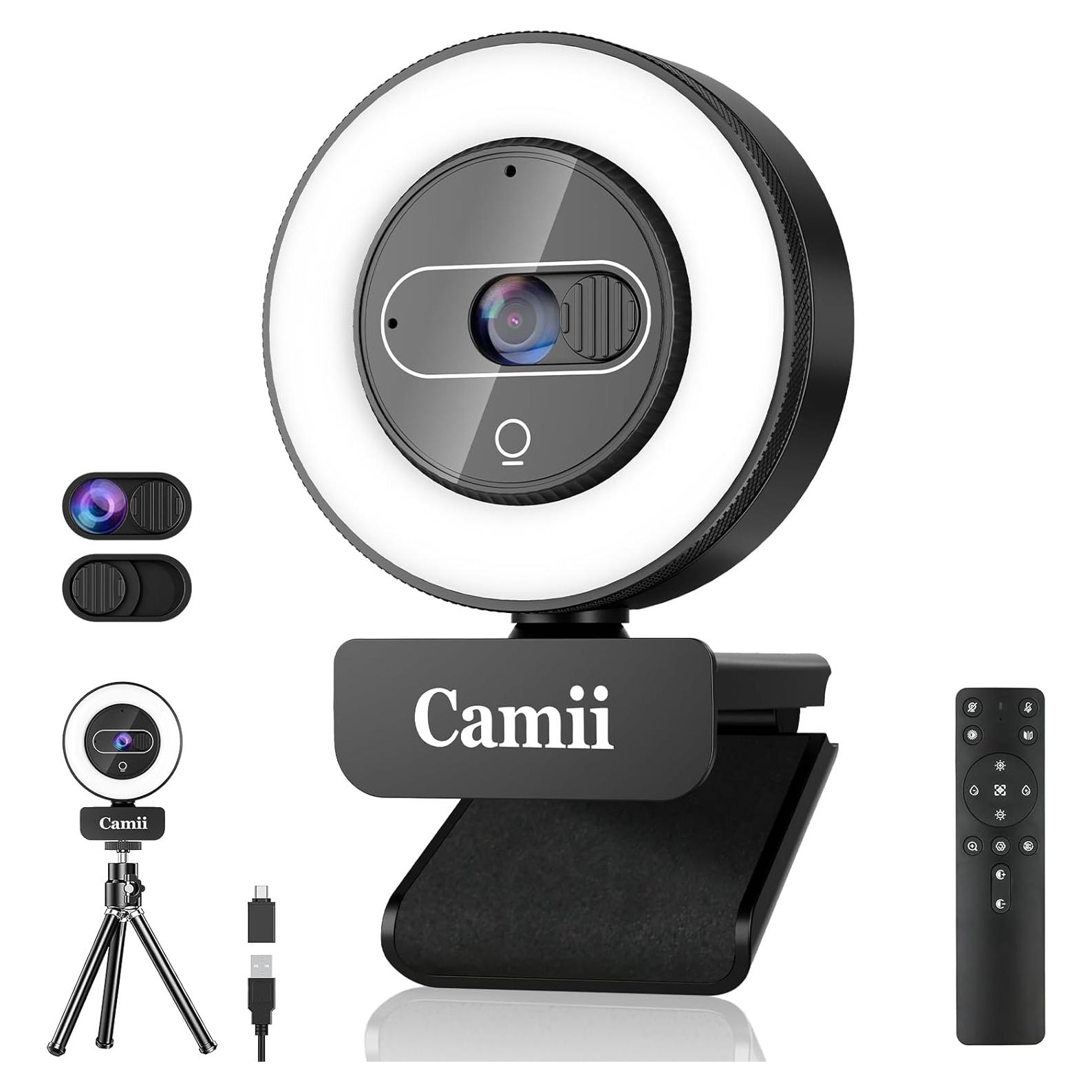 Cámara web 4K Camii con luz y micrófono, control remoto