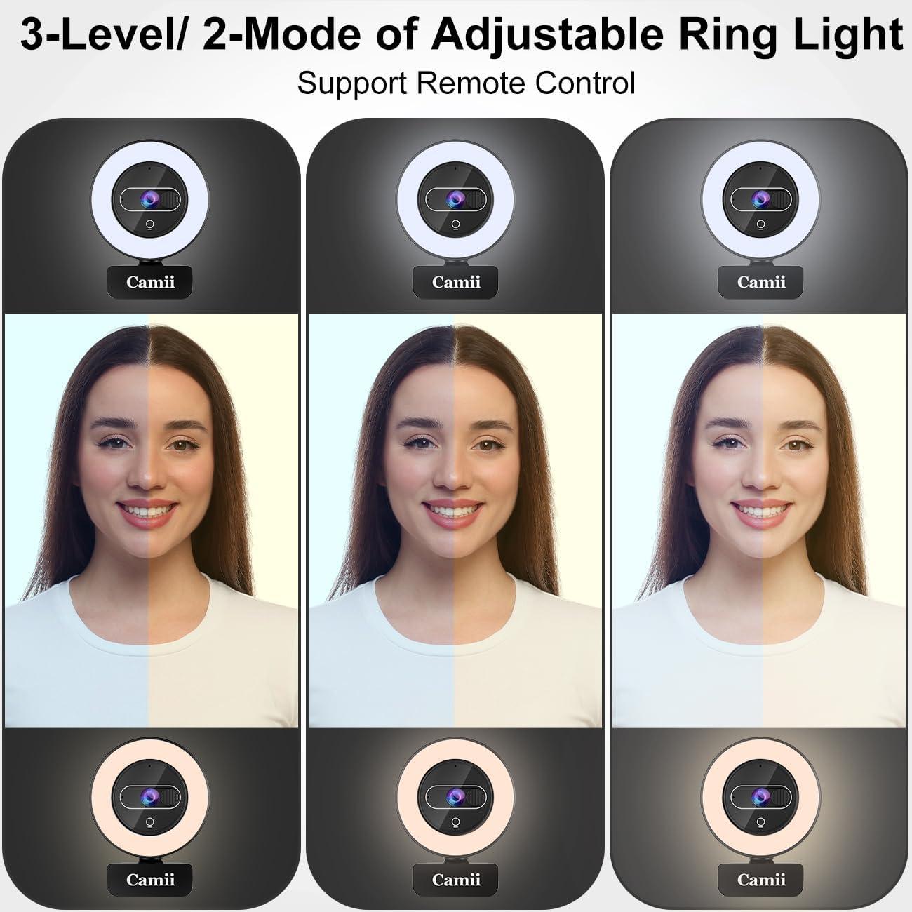 Cámara web 4K Camii con luz y micrófono, control remoto